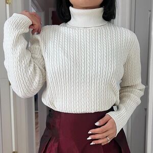 vtg 90s y2k cable knit turtleneck sweater cream beige cotton medium